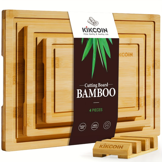 4pcs Oversized Bamboo Cutting Board, Equipped With Cutting Board Rack, Kitchen Gadgets, Juice Groove, Knife Friendly, Invisible Handle, Multifunctional Board, The Best Gift For Family, Friends And Relative. Valentine'S Day, H