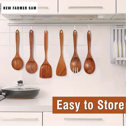 Wooden Spoons for Cooking  Wooden Utensils for Cooking Set with Hold Spoon Rest and Hooks Teak Wood Nonstick Kitchen Cookware  Durable Set of 8pcs