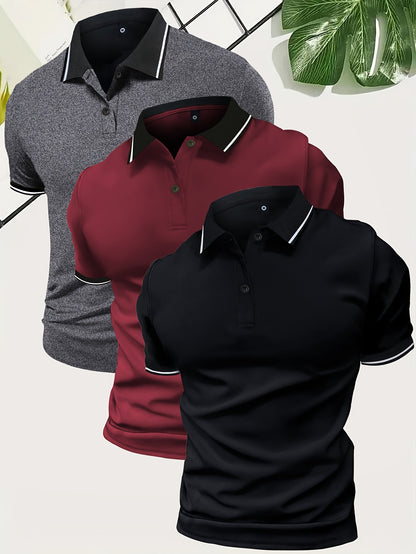 3Pcs Breathable Men's Golf Shirt, Regular Fit V-Neck Short Sleeve Casual T-Shirt for Summer