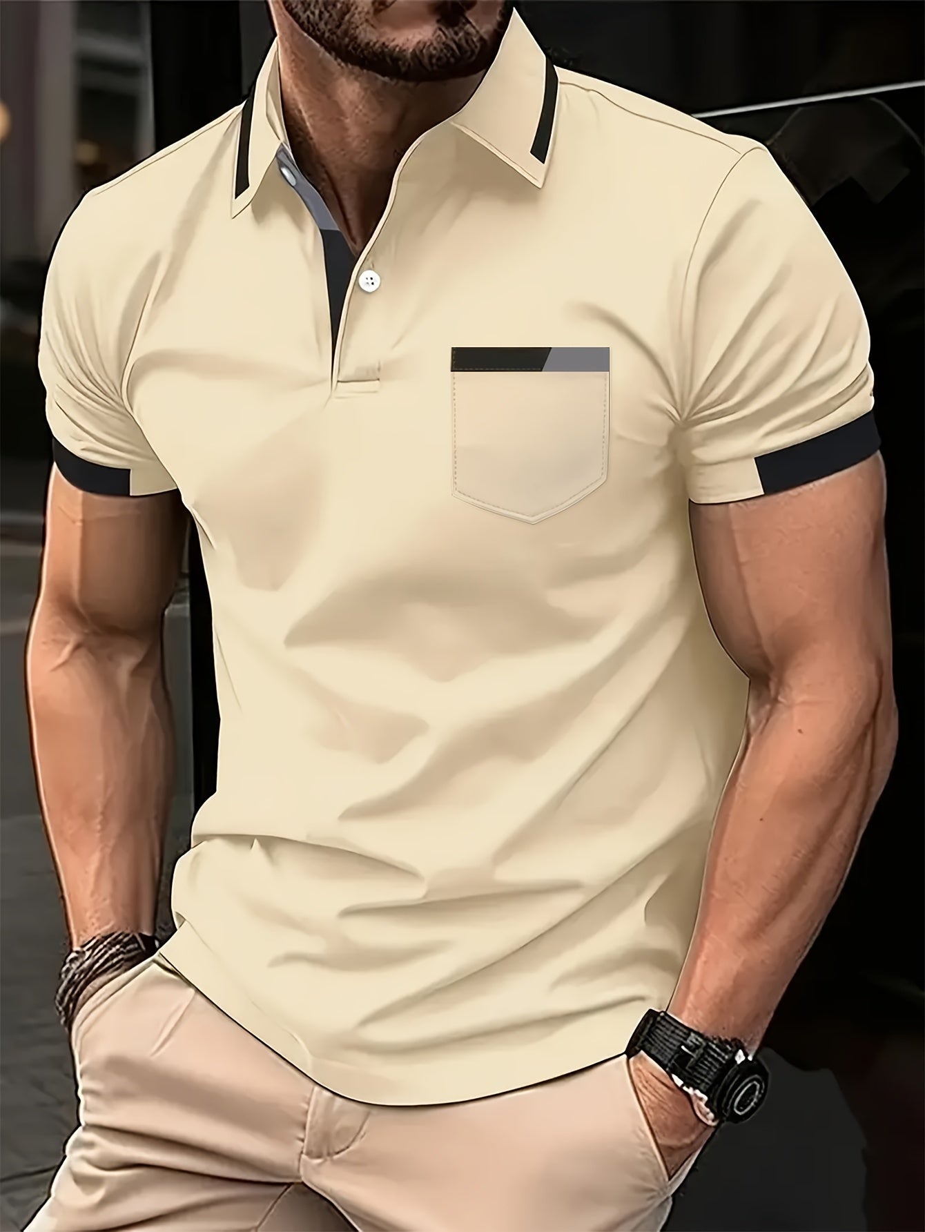 Elegant Men's Color Block Shirt - Casual & Stylish, Short Sleeve, Button Detail, Perfect for Home or Out