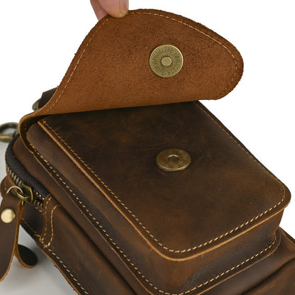 Men's Vintage Crazy Horse Leather Waist Pack, Casual Genuine Top Layer Cowhide Belt Pouch, Daily Commute Multi-Functional 7" Mobile Phone Holder with No Print
