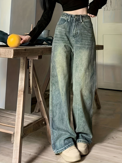 Retro Style Distressed Washed Plain Loose Fit Wide Leg Washed Blue Casual Style Zipper Button Closure Denim Pants, Women's Denim Jeans & Clothing