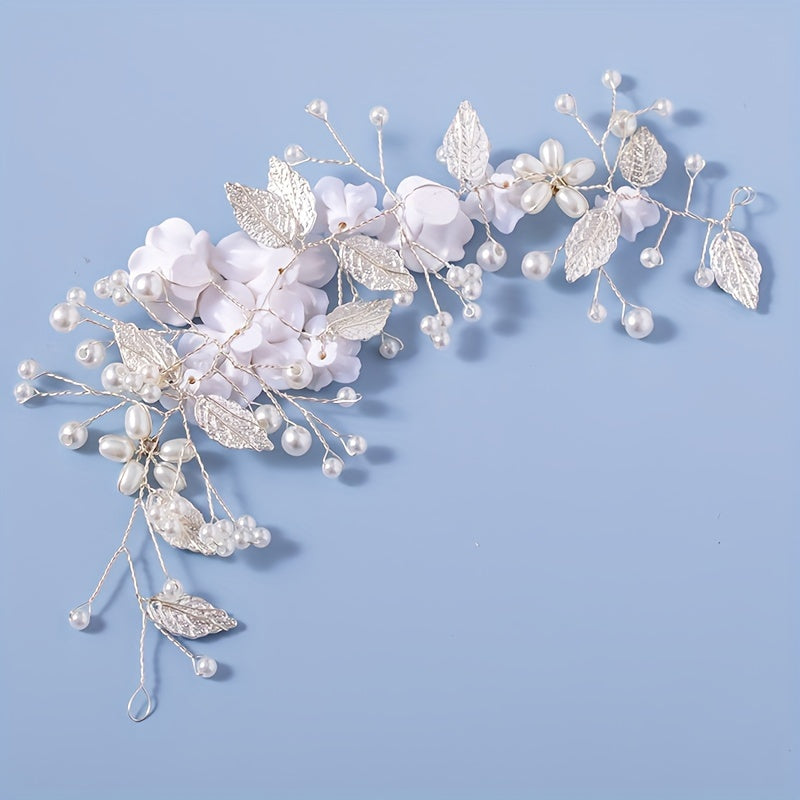 1Pc Flower Bride Wedding Hair Vine Pearl Bridal Hair Piece Leaf Hair Accessories Rhinestone Headband For Women And Girls