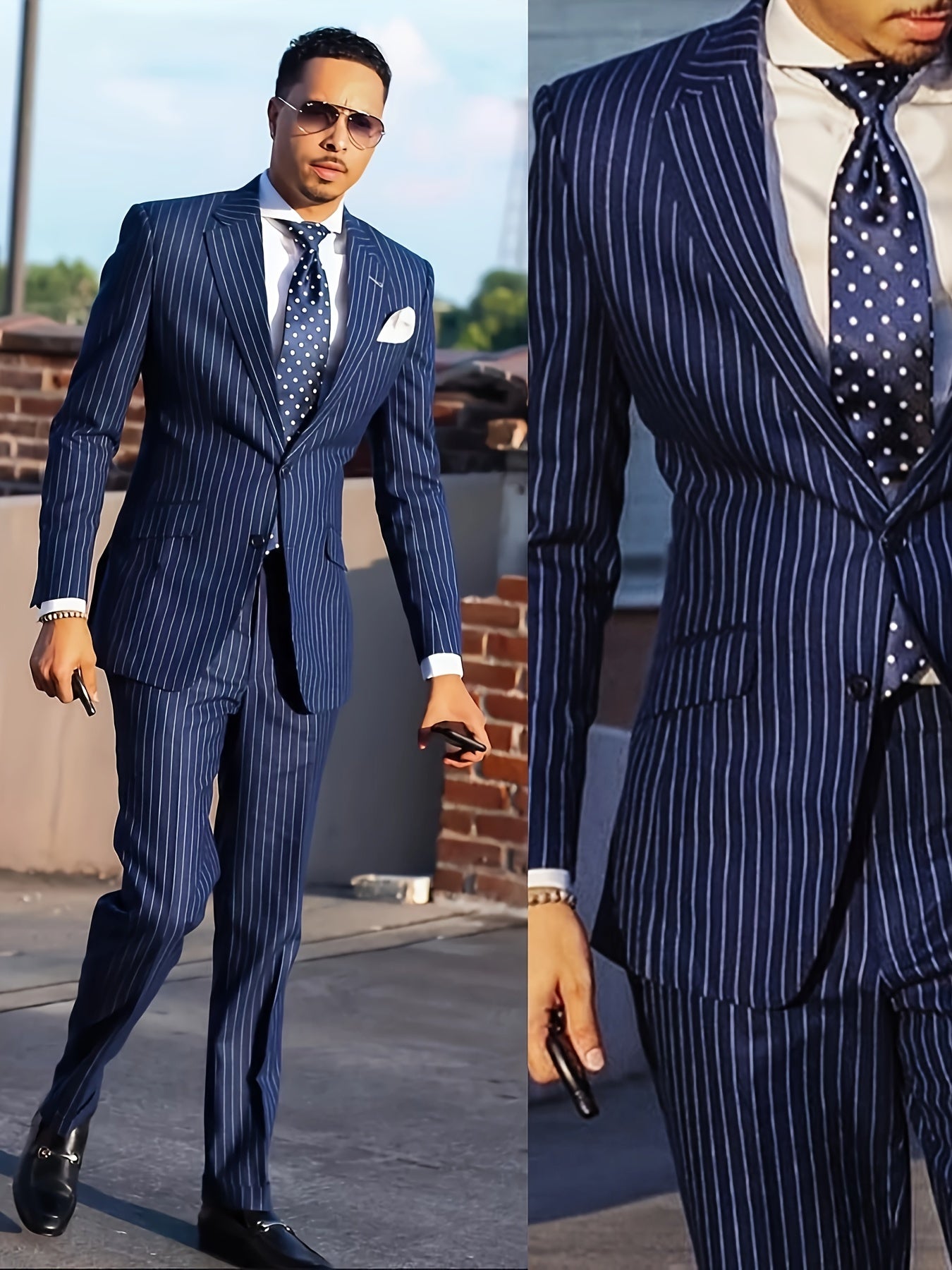 Men'S Suit 2pcs Navy Blue Pinstripe Blazer And Pants Formal/Casual Wear
