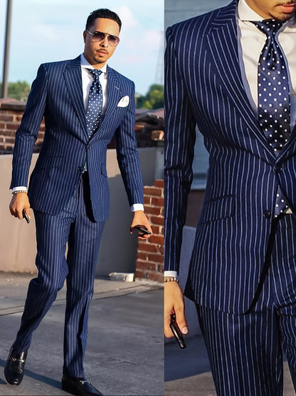 Men'S Suit 2pcs Navy Blue Pinstripe Blazer And Pants Formal/Casual Wear