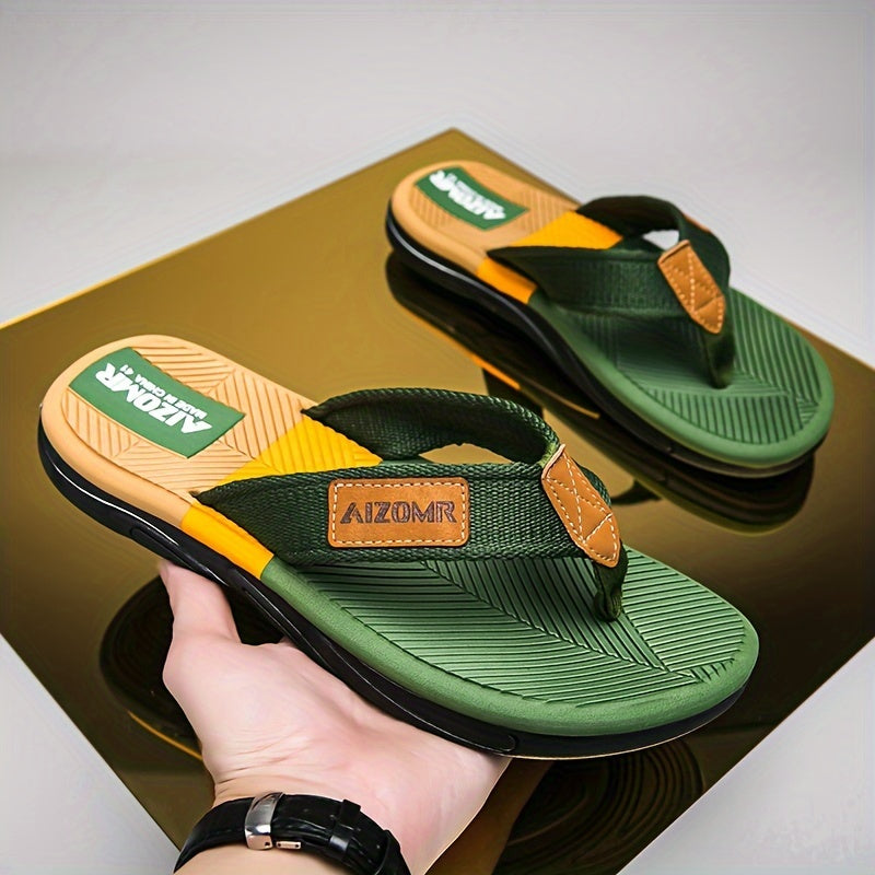 Men's Summer Flip-Flops - Non-Slip, Odor-Resistant Beach Sandals with Arch Support, Green & Yellow Striped Design, Comfortable EVA Upper & Rubber Sole for Everyday and Casual Wear, Leisure Comfort | Casual Style | Durable San