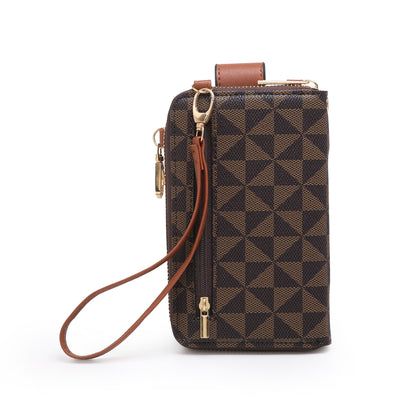 RAGSTO Women's Compact Crossbody Phone Wallet - Chic Mini Shoulder Bag with Adjustable Strap, Multiple Credit Card Slots & Zipper Closure, Black & Brown Geometric Pattern, Perfect Valentine's Day Gift for Her, Casual Crossbod