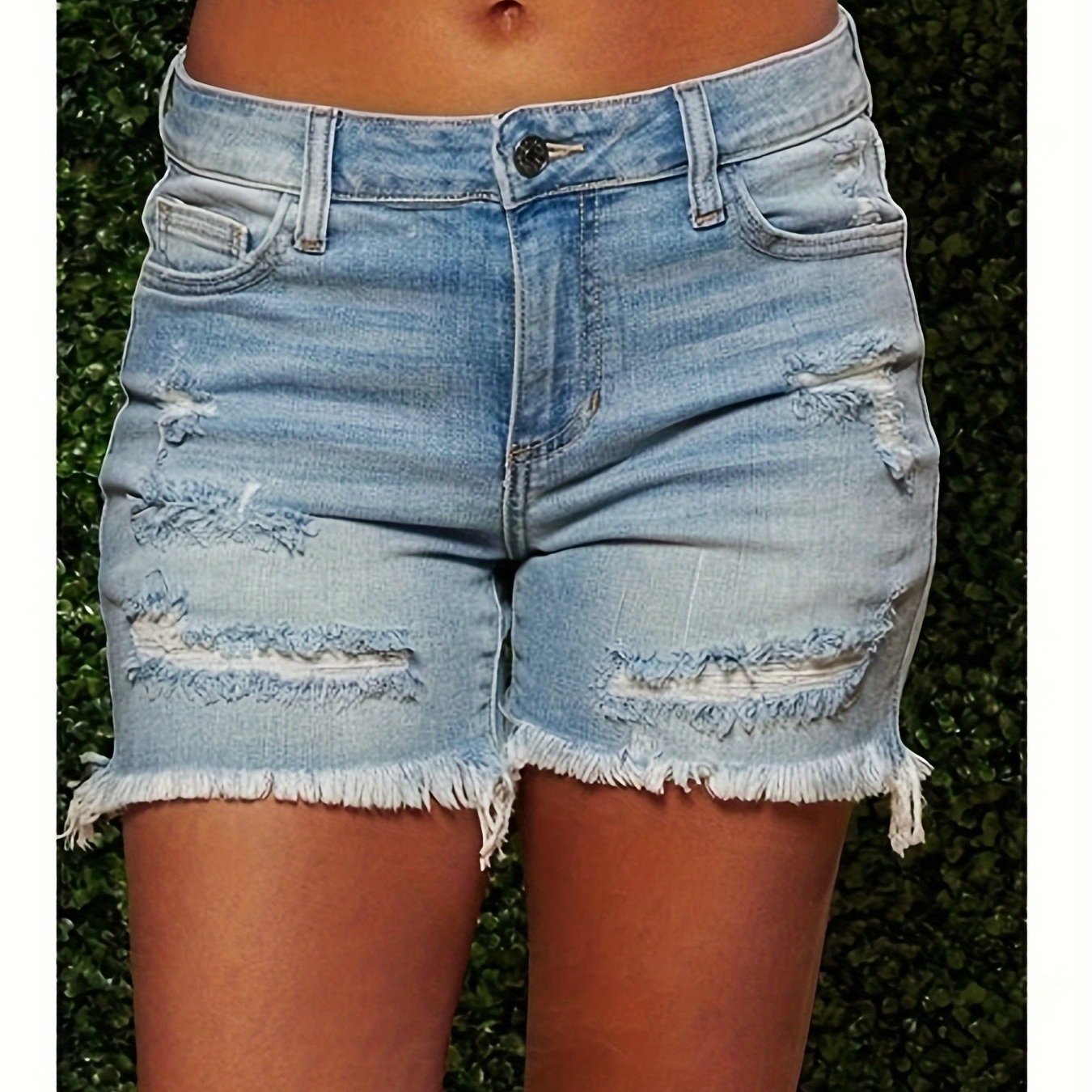 Women's retro washed ripped shorts- comfortable fit, faux gray with frayed edges and worn-out details, casual summer style, polyester blend, washable, shorts