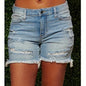 Women's retro washed ripped shorts- comfortable fit, faux gray with frayed edges and worn-out details, casual summer style, polyester blend, washable, shorts