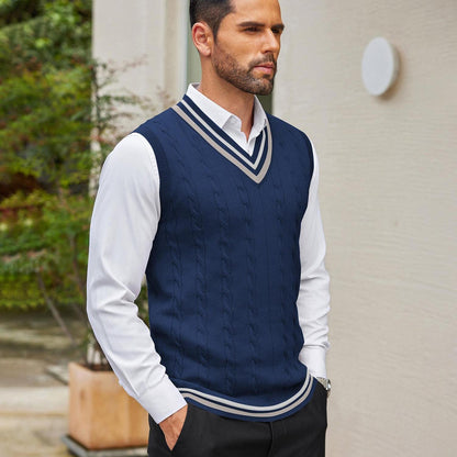 Men's Casual V-Neck Sweater Vest - Striped Cable Knit, Sleeveless Pullover for Spring/Fall