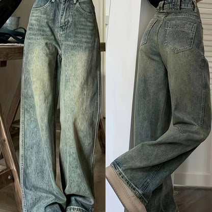 Retro Style Distressed Washed Plain Loose Fit Wide Leg Washed Blue Casual Style Zipper Button Closure Denim Pants, Women's Denim Jeans & Clothing