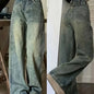 Retro Style Distressed Washed Plain Loose Fit Wide Leg Washed Blue Casual Style Zipper Button Closure Denim Pants, Women's Denim Jeans & Clothing