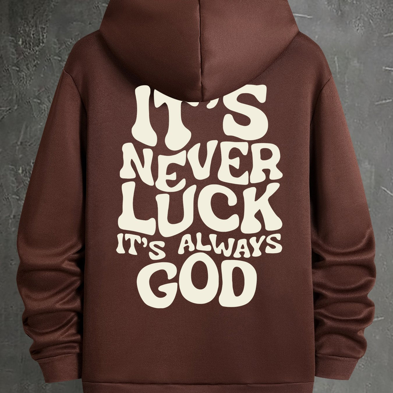 Stylish Faith-Inspired Hoodie - Soft Polyester Knit Fabric, Geometric Lettering Pattern, Casual Fit with Slight Stretch, "It's Never Luck, It's Always God" Inspirational Print, Regular Fit, Unisex Design
