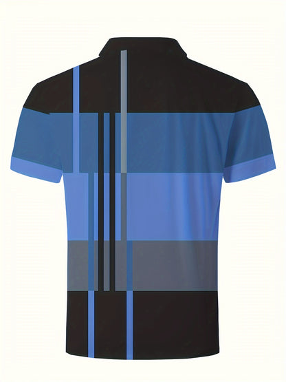 2024 Men'S Casual Geometric Print Knit Polo-Style Shirt with Lapel Collar and Slight Stretch - 100% Polyester Material - Regular Fit