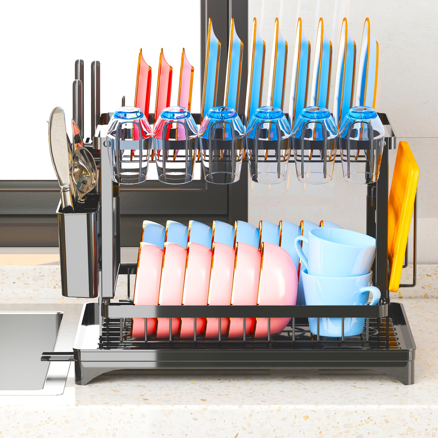 Dish Rack, 2 Tier Utensil Holder, Rustproof Kitchen Dish Drying Rack With Drainboard And Utensil Holder For Kitchen Countertop, Kitchen Accessories