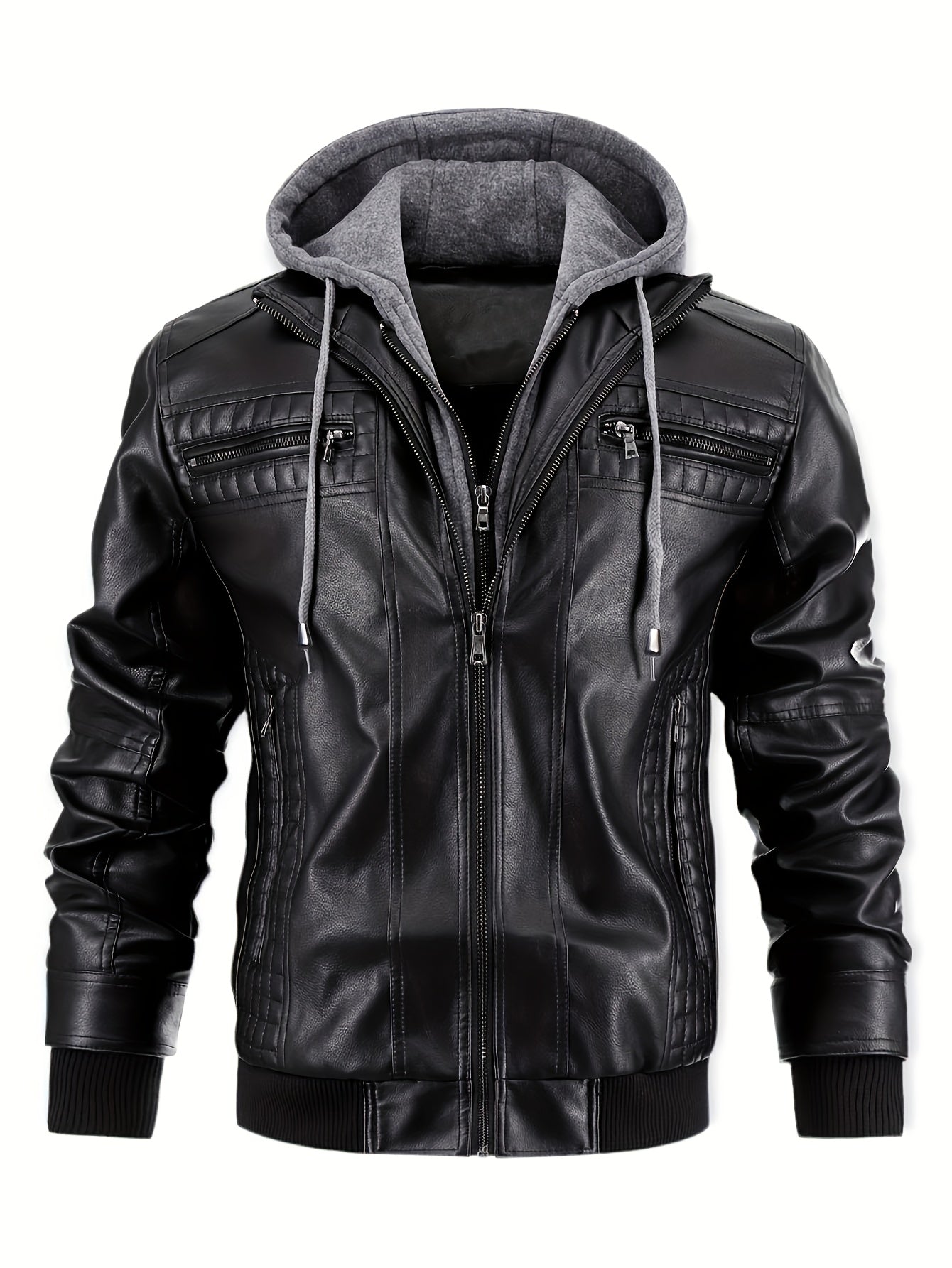 Men's Casual Stand Collar PU PU Leather Zip-Up Motorcycle Bomber Jacket with Removable Hood