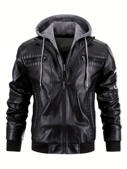 Men's Casual Stand Collar PU PU Leather Zip-Up Motorcycle Bomber Jacket with Removable Hood
