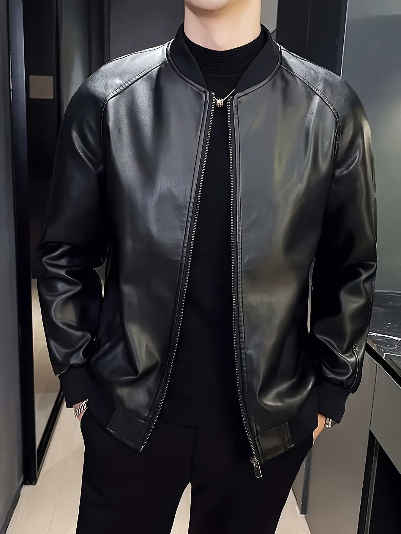 Men's Stylish Black PU Leather Jacket - Casual Baseball Collar, Zip-Up with Pockets, Loose Fit, Machine Washable, Perfect for Casual Attire