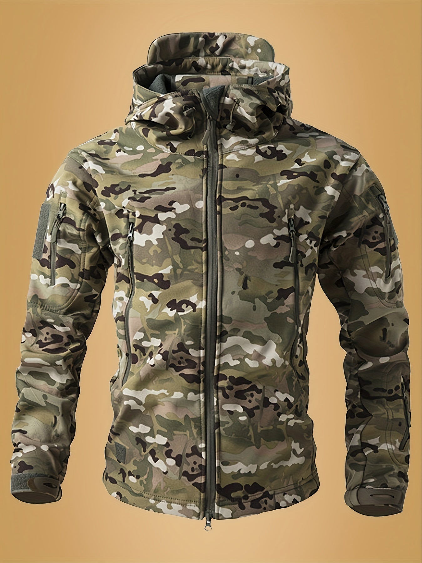 Men's Camouflage Print Softshell Jacket, Multi-Pocket Hooded Coat, Win ...