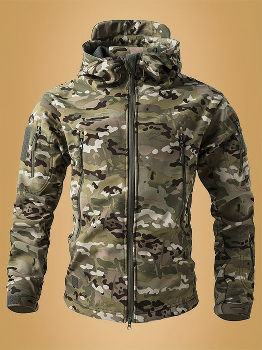 Men's Camouflage Print Softshell Jacket, Multi-Pocket Hooded Coat, Windproof Outdoor Jacket For Hiking And Camping