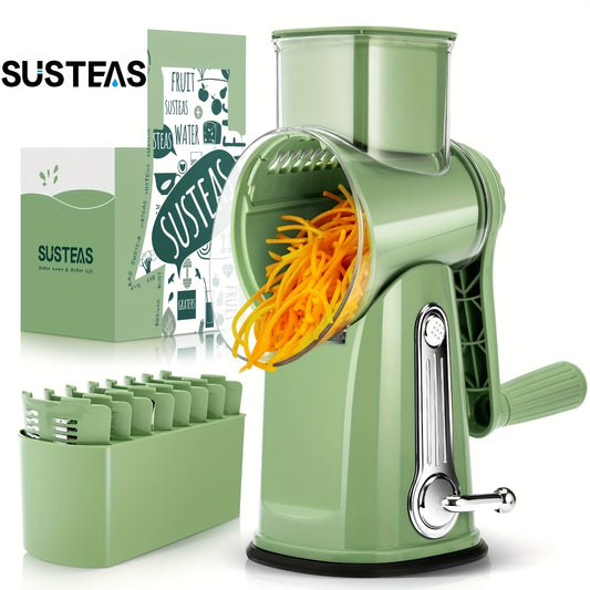 SUSTEAS Rotary Cheese Grater With Handle - Vegetable Shredder With 5 Well-designed Blades & Strong Suction Base, Round Mandoline Slicer & Food Chopper For Kitchen, With Blade Storage Box