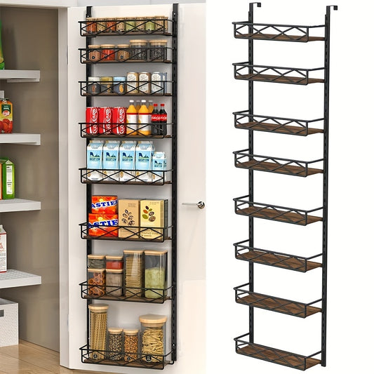 1pc Over The Door Pantry Organizer, 8-Tier Wood & Metal Over The Door Organizer with Adjustable Basket, Door Organization And Storage for Kitchen Pantry Door Cabinet, Black Shelves, Utility Racks, Hanging Spice Rack