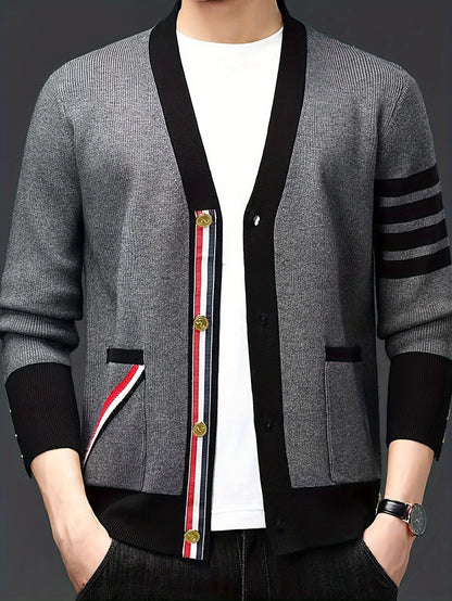 Men's New Stylish Cardigan Sweater. Autumn Patchwork Color, With A Sense Of High Class And Trendy. Loose Fit Knitted Jacket.