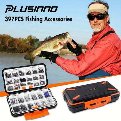 PLUSINNO 397pcs Fishing Accessories Kit, Fishing Tackle Box, Includes Fishing Gear, Hooks, Lead Weights, Hook Heads, Swivels, Combines into 12 Fishing Gear, Fishing Equipment Suitable for Perch, Bluegill, Trout, Crappie, etc,