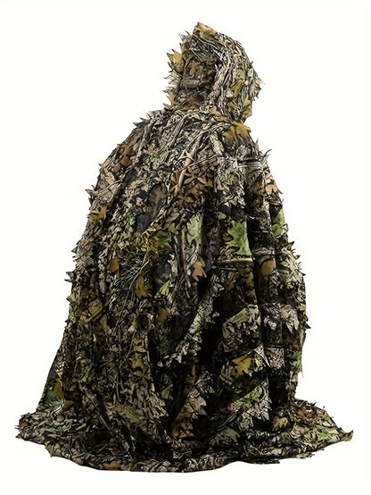 1pc Camo Leaf Pattern Hooded Poncho, 3D Leaf Camouflage Mesh Hooded Army Costume, Polyester 100% Knit Fabric with Slight Stretch, Loose Fit for Outdoor Activities, Hunting, Bird Watching, Survival Games - S-XL