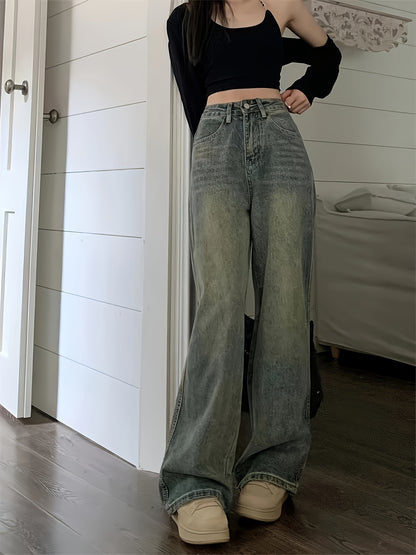 Retro Style Distressed Washed Plain Loose Fit Wide Leg Washed Blue Casual Style Zipper Button Closure Denim Pants, Women's Denim Jeans & Clothing