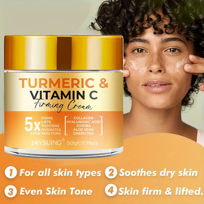 JAYSUING Turmeric & Vitamin C Firming Moisturizer Cream - Unisex Adult, All Skin Types, Hydrating & Tightening, Jojoba Oil Infused, Collagen & Aloe Vera Enriched, Soothes & Smoothes Skin, 50g