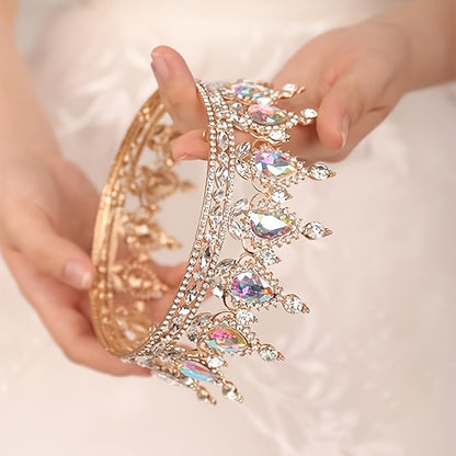 1pc Baroque Style Round Crown Princess Queen's Round Crown Bridal Wedding Birthday Hair Accessories, Retro Style