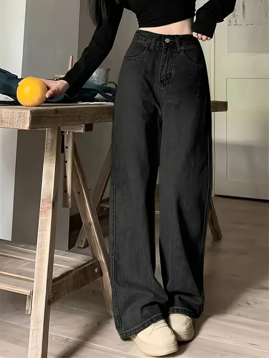 Retro Style Distressed Washed Plain Loose Fit Wide Leg Washed Blue Casual Style Zipper Button Closure Denim Pants, Women's Denim Jeans & Clothing