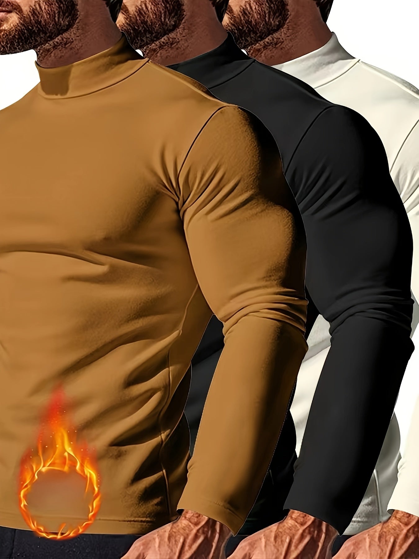 Men's 3pcs Set: Cozy Turtleneck Sweatshirts - Long Sleeve, Casual Pullover for Fall/Winter, Polyester Blend