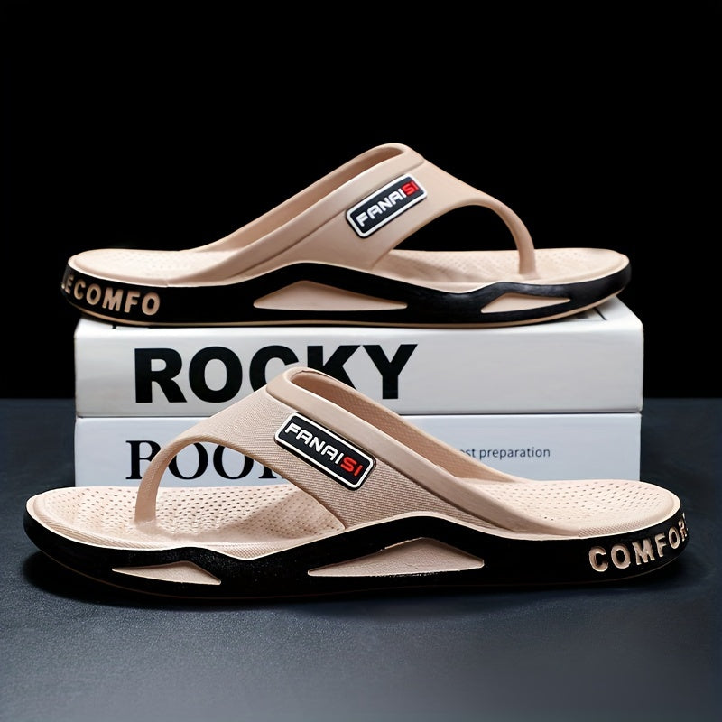 Men's Stylish Flip-Flops - Comfortable PVC Material, Non-Slip Sole, Arch Support Strap, Perfect for Beach & Casual Wear (Black/White/Beige), Beach Accessories