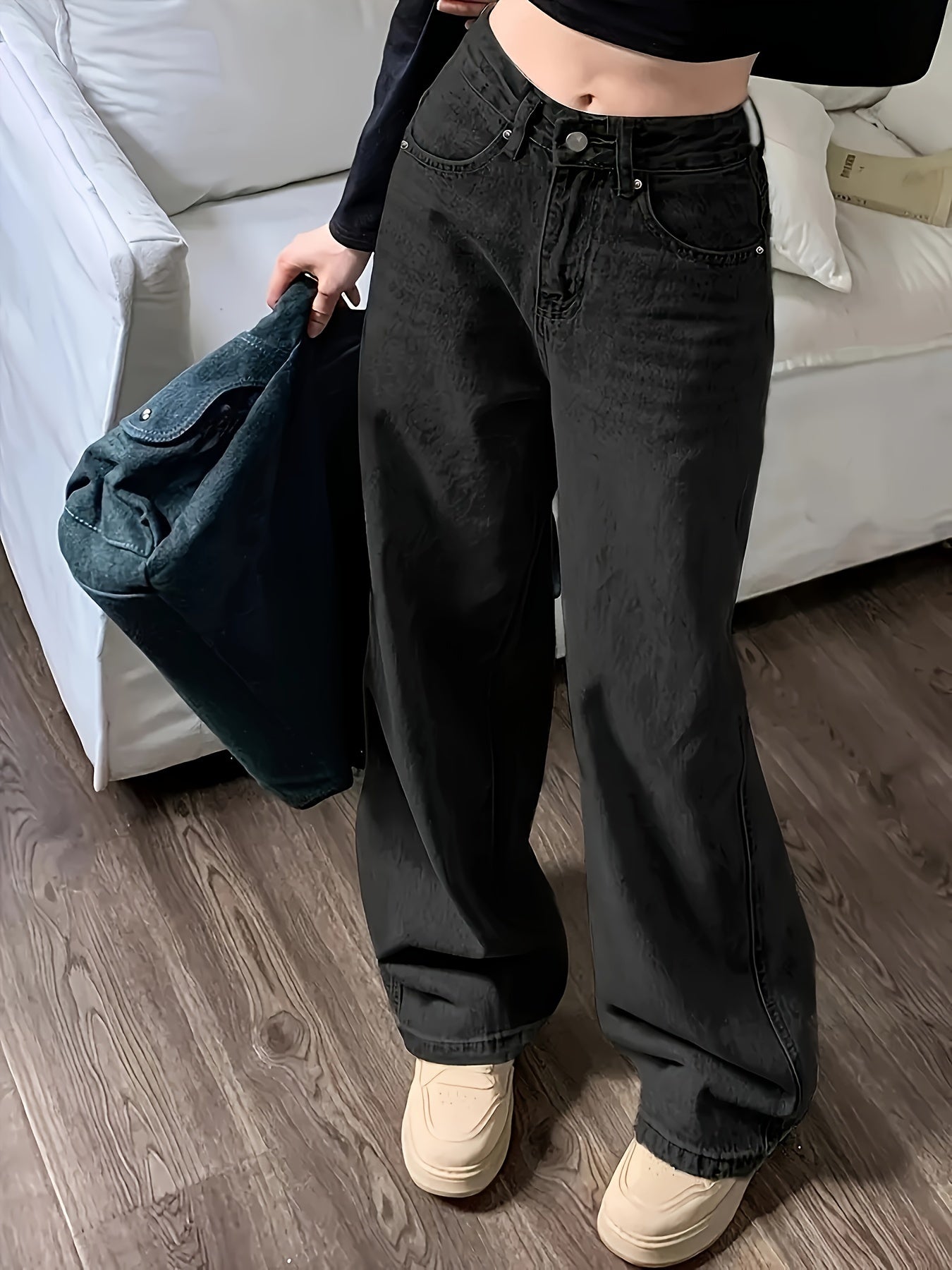 Vintage Loose Straight Leg Jeans With Multi Pockets, Casual Versatile Denim Pants For Women, Women's Clothing & Denim