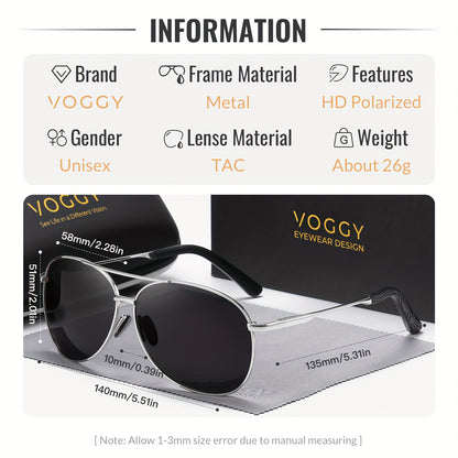 [Popular Choice] 1pc VOGGY Polarized Glasses, Oval Metal Frame with Spring Hinges, UV Protection for Men & Women, Ideal for Driving, Cycling, Fishing, Travel & Party Decor