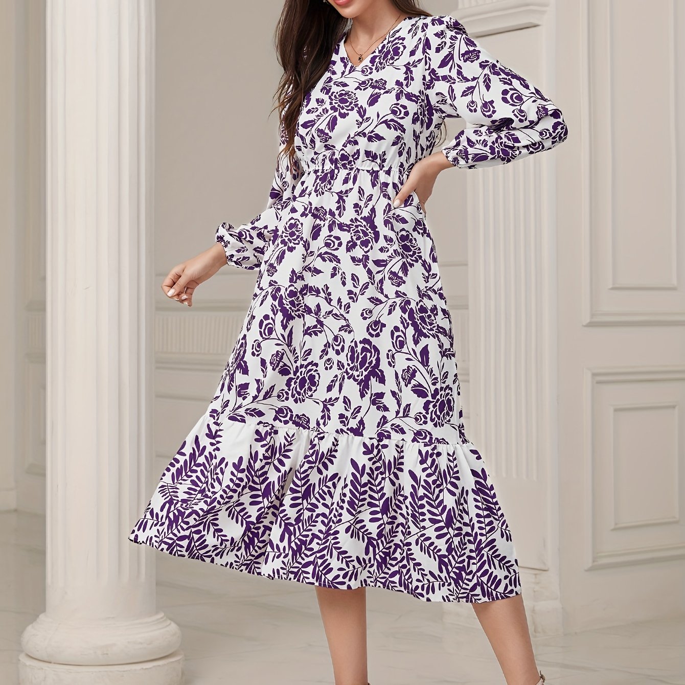 Floral & Leaves Print V-neck Dress, Elegant Elastic Waist Long Sleeve Dress For Spring & Fall, Women's Clothing