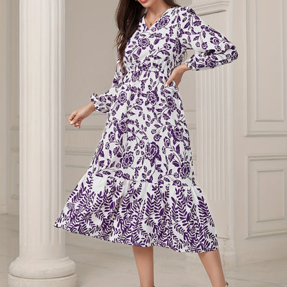 Floral & Leaves Print V-neck Dress, Elegant Elastic Waist Long Sleeve Dress For Spring & Fall, Women's Clothing