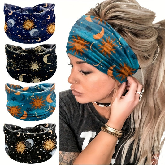 4pcs/Set Moon & Sun Pattern Sports Headband With Anti Slip Knotting, Valentine'S Day Gifts Wide & Soft Fashionable Bohemian Headbands-Elastic Yoga Hair Mask, Non Slip Headbands For Running Sports, Yoga Turban Hair Bands-Hair
