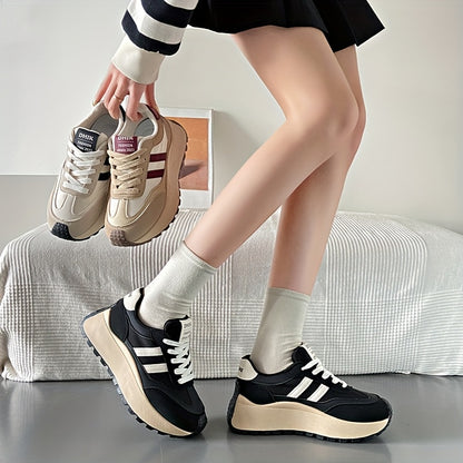 1 Pair Women'S Fashion Chunky Sneakers 2024, Striped Low Top Lace-Up Sports Shoes, All-Season Lightweight Casual Athletic Footwear with Plain Toe, Fabric Upper & Inner, PVC Sole, No-Print Design
