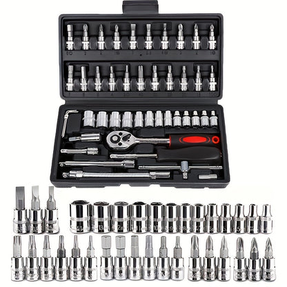 216/46pcs High Quality Multifunctional Heat Treated Chrome Vanadium Steel Ultimate Car Mechanic Tool Set, Premium Torque Wrench Set, Ultra Portable, Integrated Solution for Car, Bike And Motorcycle Maintenance