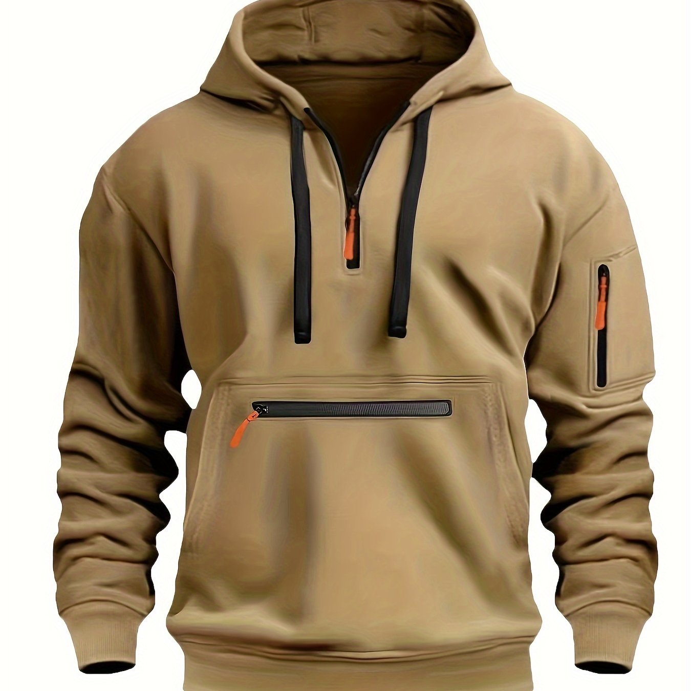 220gsm 100% Polyester Long Sleeve Hoodie - Men's Solid Color Regular Fit Casual Pullover with Zipper Pocket for Fall/Winter