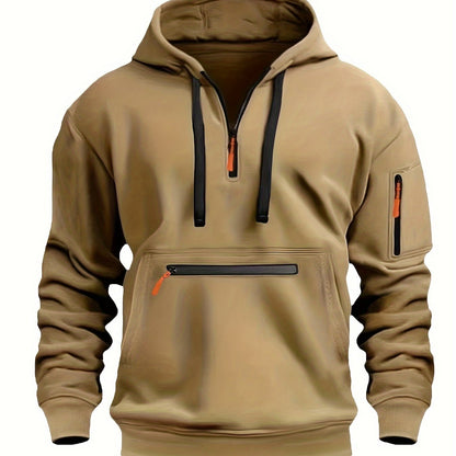 220gsm 100% Polyester Long Sleeve Hoodie - Men's Solid Color Regular Fit Casual Pullover with Zipper Pocket for Fall/Winter
