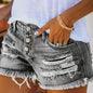 Ladies, Summer Mid-Waist Ripped Stretch Jeans, Shorts, Frayed Burrs, Burrs Hem, Casual Straight-Breasted Denim Shorts