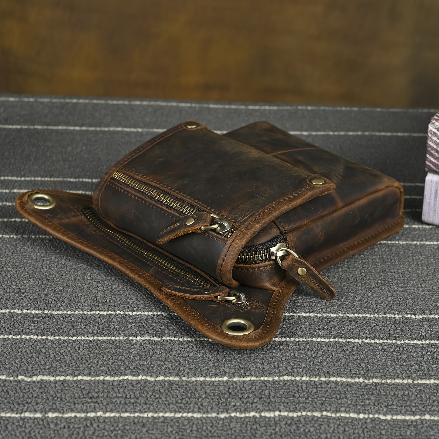 Men's Genuine Leather Vintage Sling Bag - Casual Classic Brown Travel Fanny Pack with Multiple Zippered Pockets & Adjustable Strap