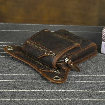 Men's Genuine Leather Vintage Sling Bag - Casual Classic Brown Travel Fanny Pack with Multiple Zippered Pockets & Adjustable Strap
