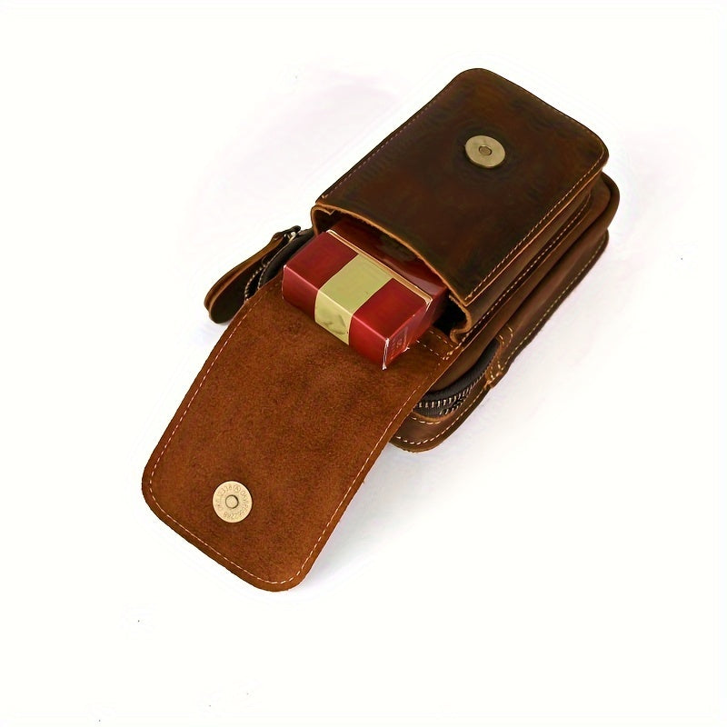 Men's Vintage Crazy Horse Leather Waist Pack, Casual Genuine Top Layer Cowhide Belt Pouch, Daily Commute Multi-Functional 7" Mobile Phone Holder with No Print