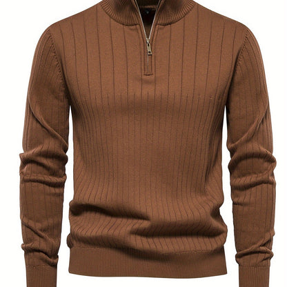 Men's Navy Blue Half-Zip Stand Collar Sweatshirt - Stretch Blend, Ribbed Texture, Long Sleeve - Ideal for Fishing & Walking in Fall/Winter