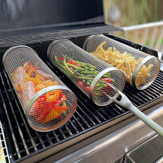 3pcs Stainless Steel BBQ Grill Set, Portable Outdoor Barbecue Basket, Round Fire Pit Cooking Rack, Multipurpose Camping Grill Accessory
